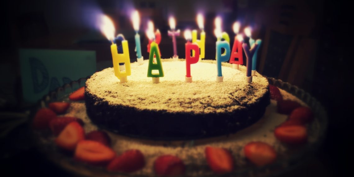 round Happy Birthday cake with lighted candles