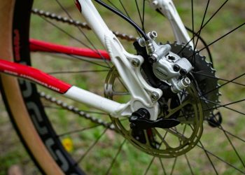 Rear bicycle wheel with disc brake detail.